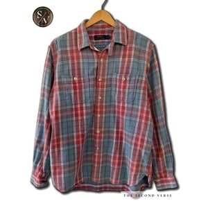 Polo Ralph Lauren Mens Red Blue Plaid Cotton Flannel Shirt Quiet Luxury Large